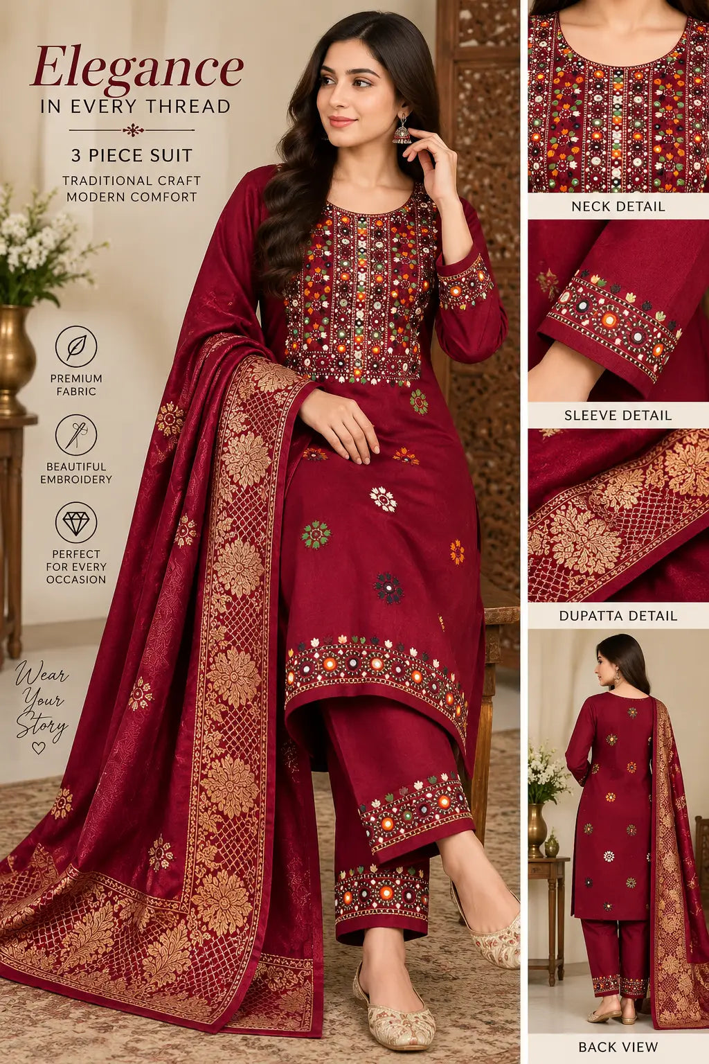 3 Pcs Women's Unstitched Embroidered Suit