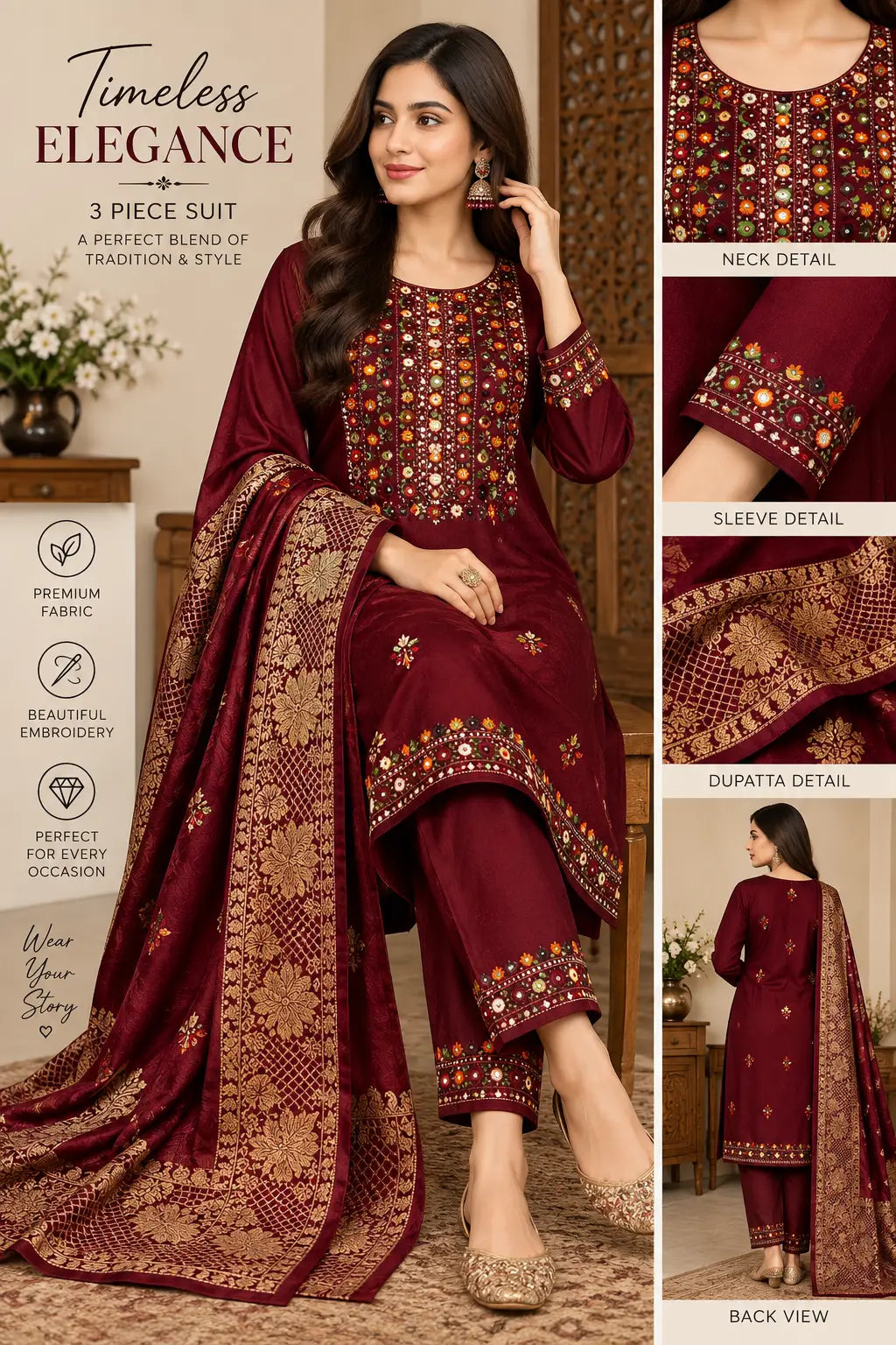 3 Pcs Women's Unstitched Embroidered Suit