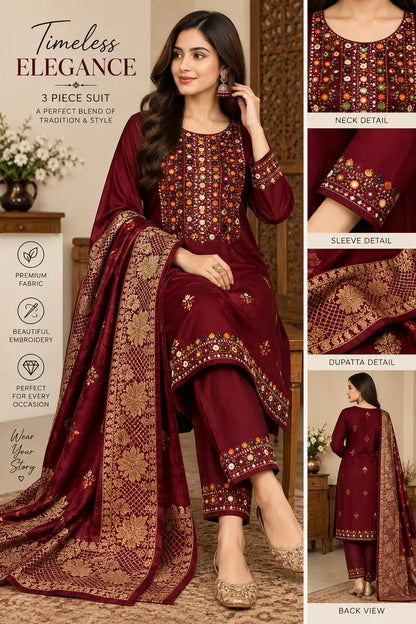 3 Pcs Women's Unstitched Embroidered Suit