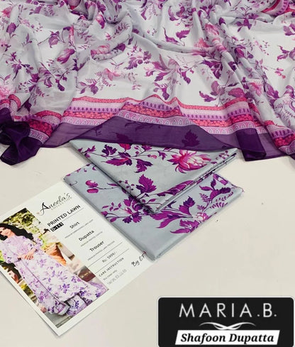 Purple Printed Lawn 3Pcs Set for Women