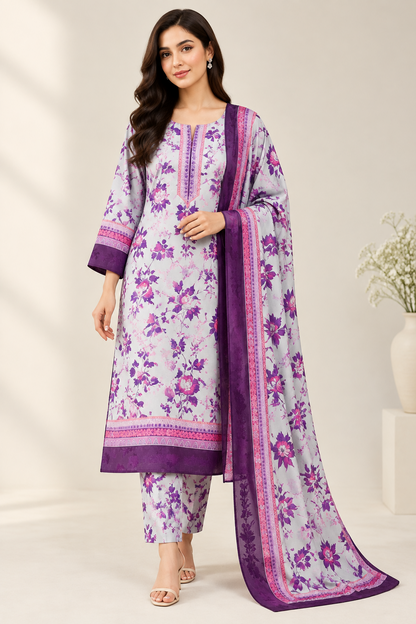 Purple Printed Lawn 3Pcs Set for Women
