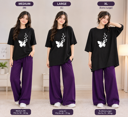 Black Cotton Night Suit with Butterfly Print