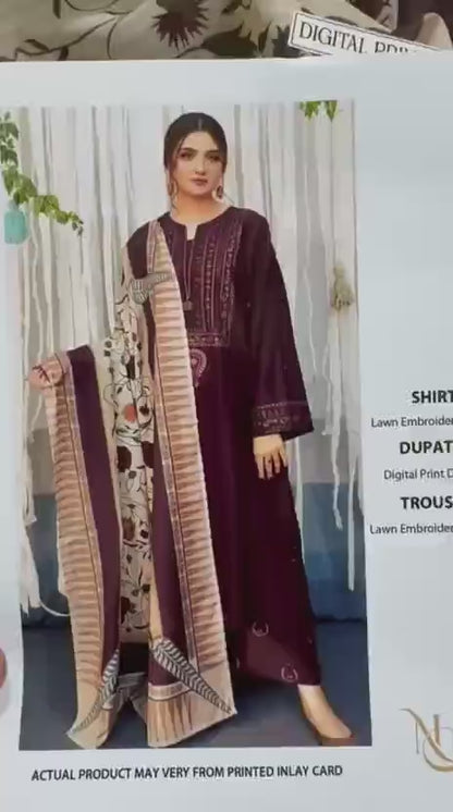 Brown lawn 3-Piece Embroidery suit with printed duppata