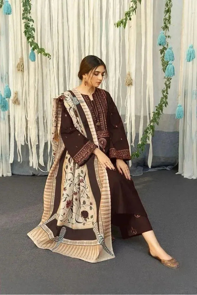 Brown lawn 3-Piece Embroidery suit with printed duppata