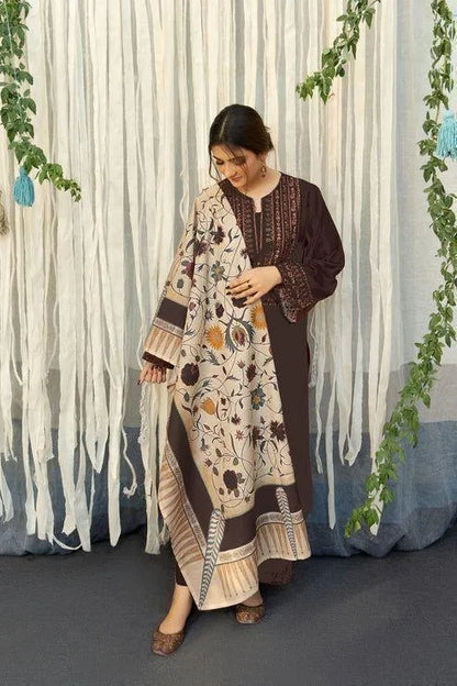 Brown lawn 3-Piece Embroidery suit with printed duppata