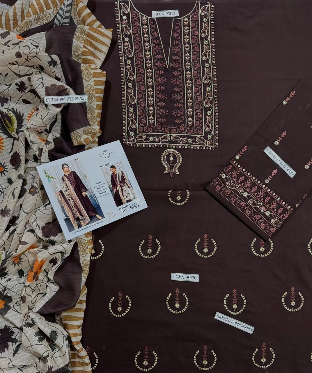 Brown lawn 3-Piece Embroidery suit with printed duppata
