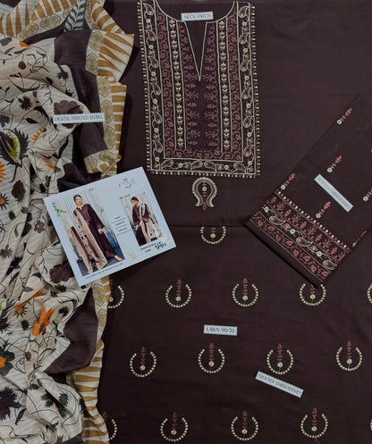 Brown lawn 3-Piece Embroidery suit with printed duppata